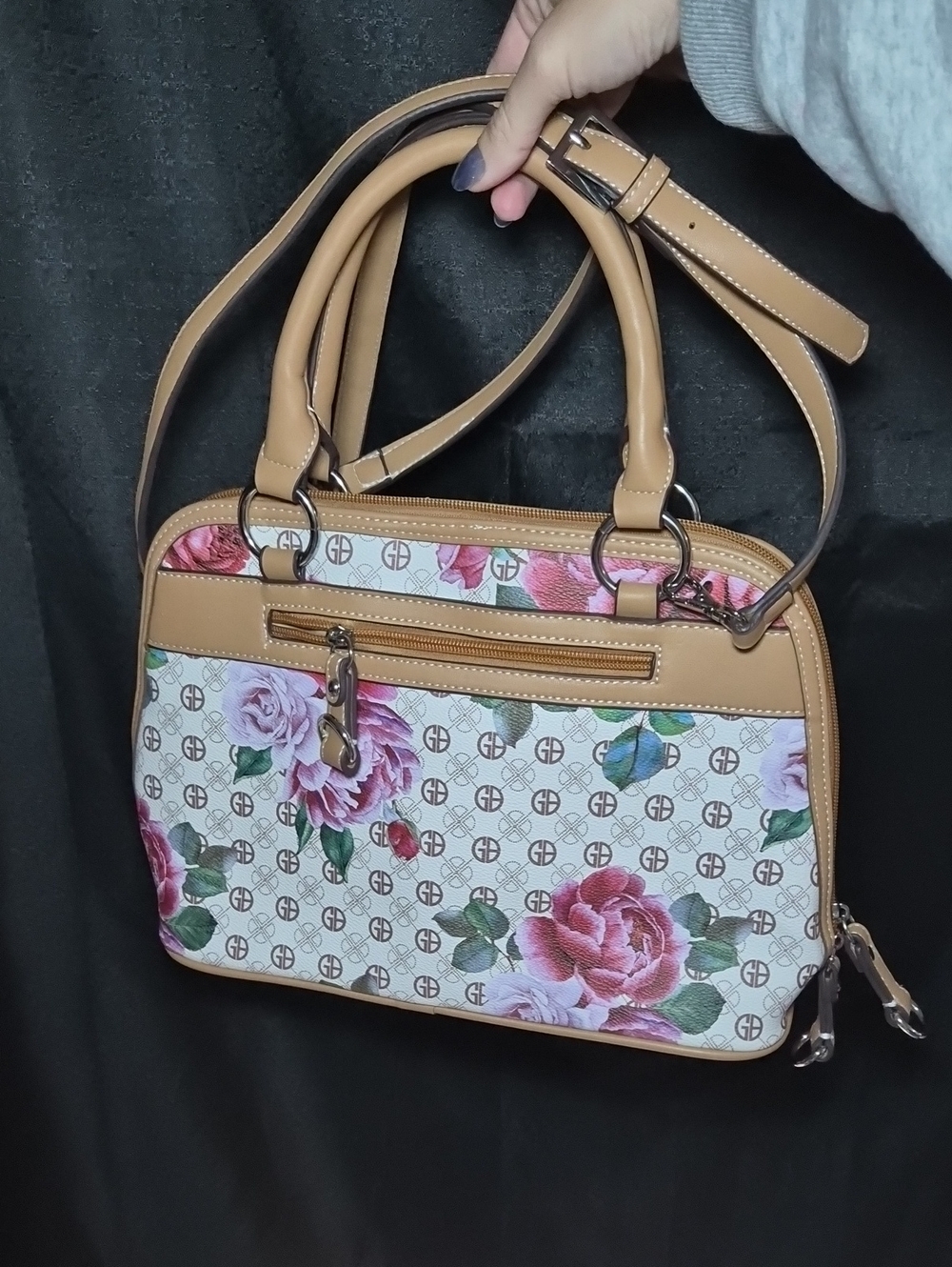 Giani Bernini Floral Logo Bag Purse Satchel in Tan and Pink Shoukder Crossbody